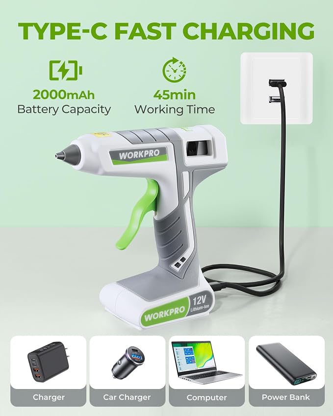 WORKPRO Full Size Cordless Hot Melt Glue Gun - 12V Rechargeable Fast Preheating