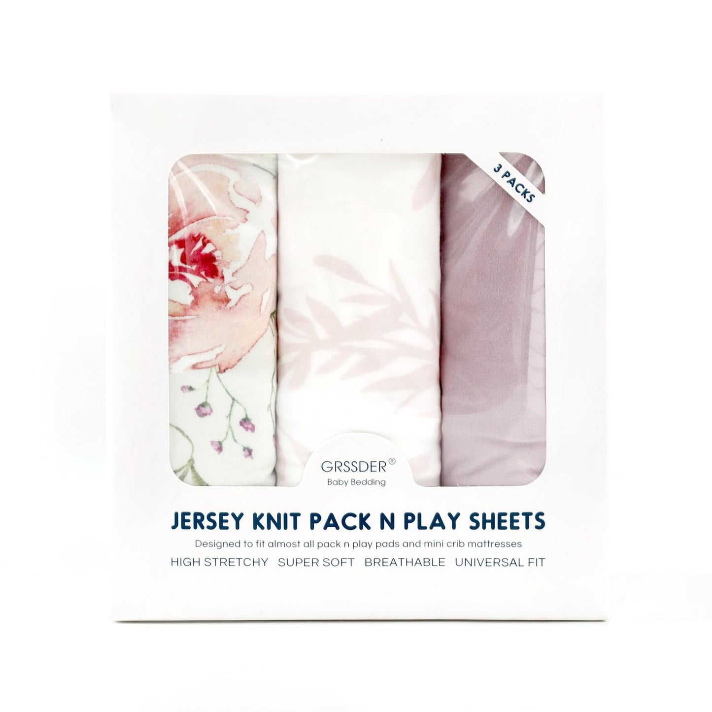 GRSSDER Fitted Pack and Play Sheets Set 3 Pack, Stretchy Ultra Soft Jersey Knit Portable/Mini Crib Sheets for Girls, Universal Fit for Pack N Plays Safe and Snug, Stylish Floral Pattern