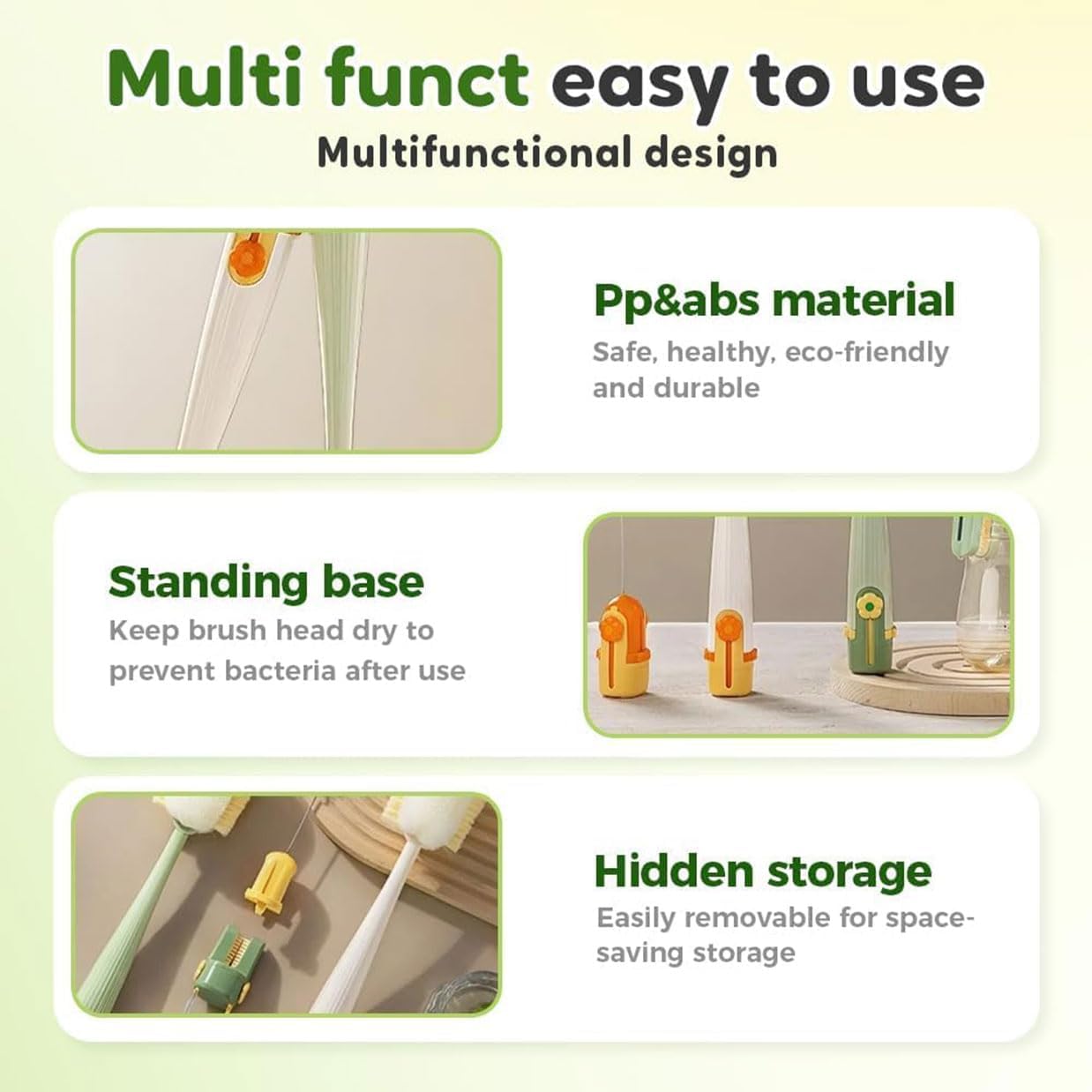 5-in-1 Bottle Cleaning Brush Set, 2026 New Multifunctional Baby Bottle Brush with Long Handle, Gap Cleaner & Scrubber for Water Bottle Lid, Straw, Travel Mugs and Home Kitchen Use (Green-3 Heads)