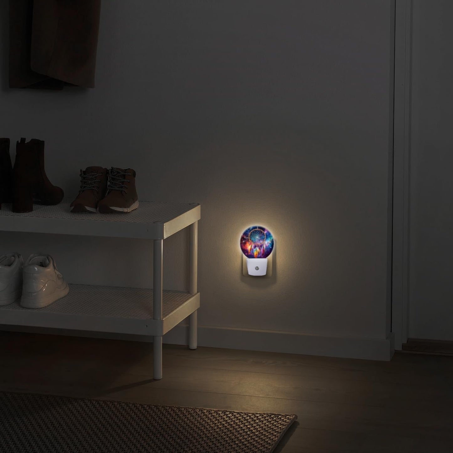 Round LED Night Lights Lamp with Dusk to Dawn Sensor, Colorful Dreamcatcher with Feathers in The Center Night Light Plug Into Wall for Kids Room, Bedroom, Bathroom, Kitchen, Hallway