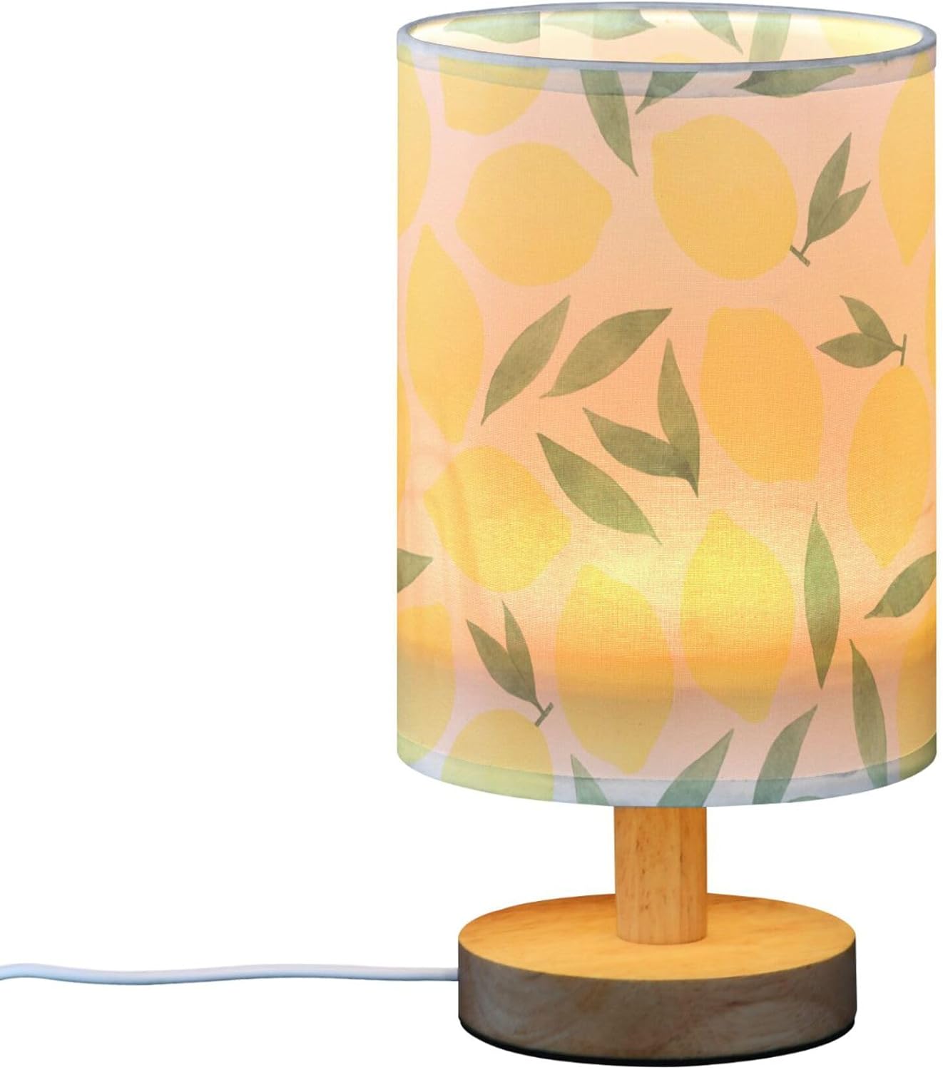 Table Lamp Watercolor Lemon and Leaf Pattern Pastel Color Fruit Print Nightstand Lamp with Wood Base Fabric Lamp Shade Bedside Desk Lamp for Living Room Bedroom Kids Room Office
