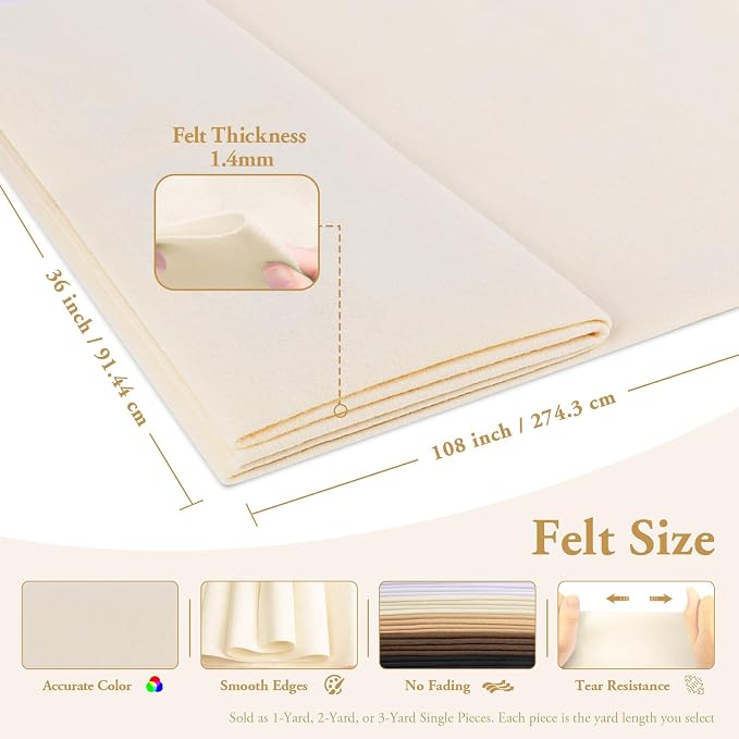 Ivory Felt Fabric Sheet 108" X 36", 1.4mm Thick Large Soft Durable Flexible