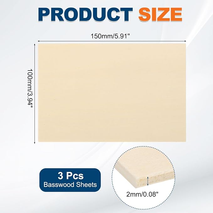 MECCANIXITY 3pcs Basswood Sheets 6 x 4 x 5/64 Inch Unfinished Wood Boards