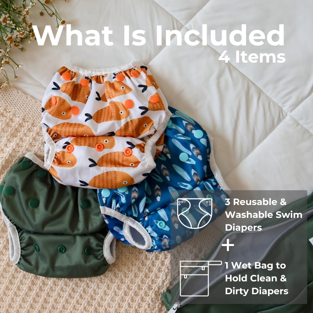 Nora's Nursery Reusable Swim Diapers and Wet Bag - One Size Fully Adjustable - Harbor Hues Unisex 3 Pack with Wet Bag