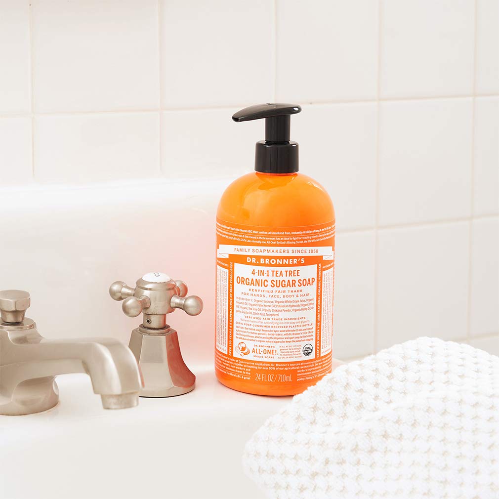Dr. Bronner's - Organic Sugar Soap (Tea Tree, 24 Ounce) - Made with Organic Oils, Sugar and Shikakai Powder, 4-in-1 Uses: Hands, Body, Face and Hair, Cleanses, Moisturizes and Nourishes, Vegan