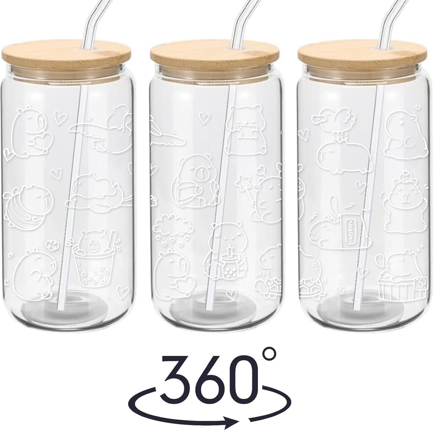 Cute Capybara Stuff - Glass Cup with Lid and Straw, Capybara Gifts for Women Girls, Funny Birthday Decoraions, Iced Coffee Cup Smoothie, 16 oz