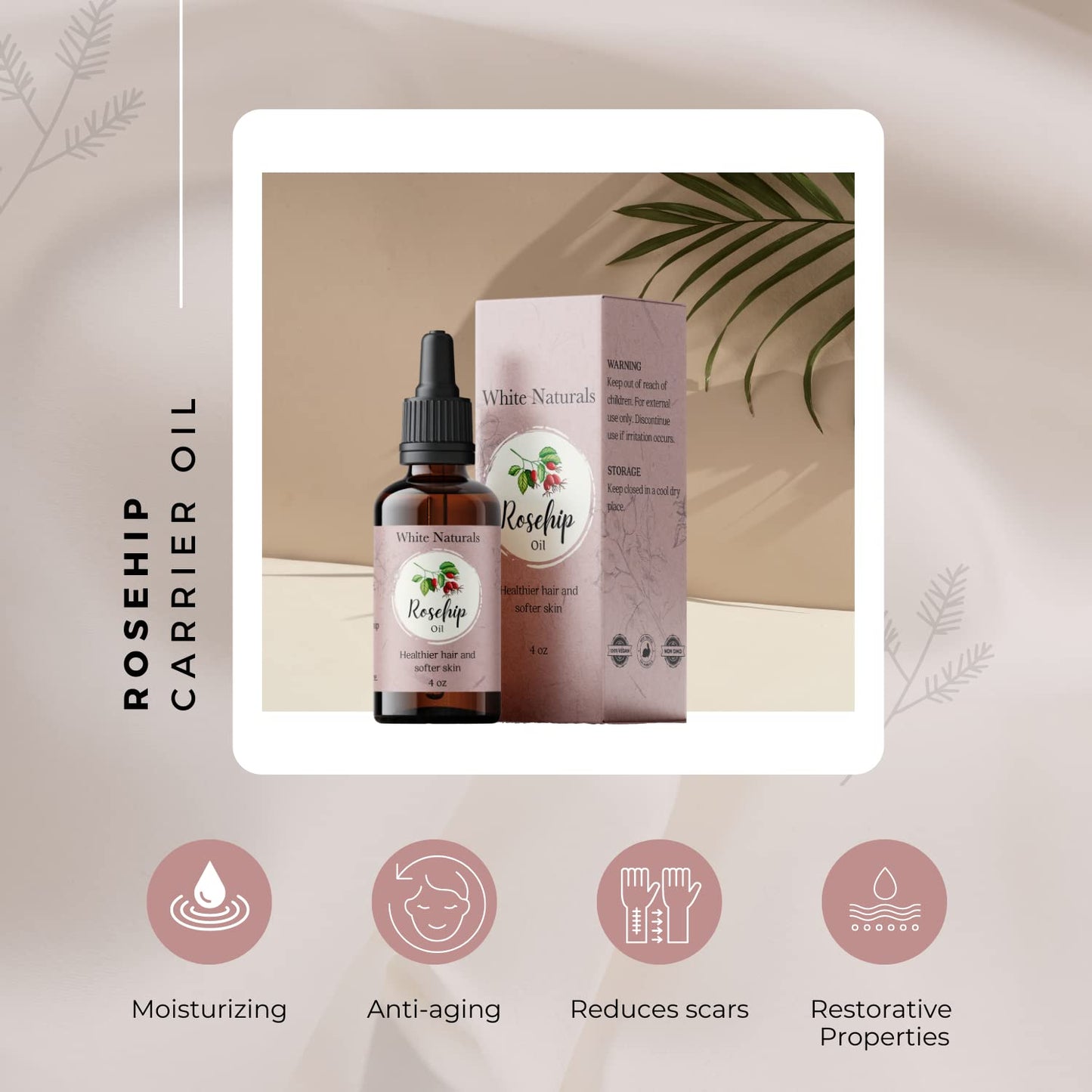 White Naturals Organic Rosehip Seed Oil Cold Pressed, Unrefined 100% Pure Rose Hip Carrier Oil, Natural Moisturizer For Body Face Hair Skin Massage & Nails, Facial Serum Anti-Aging Treatment 4 oz