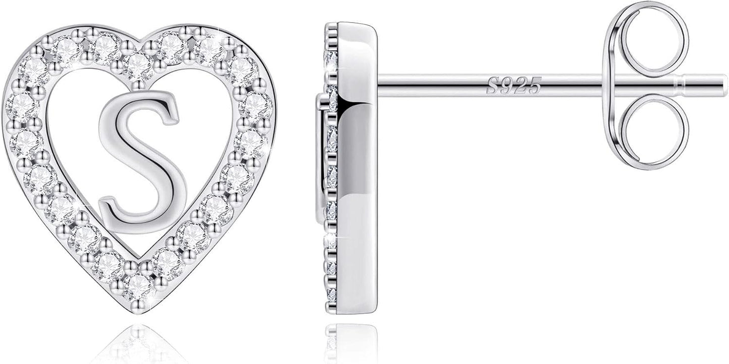 Anoup Christmas Gifts for Grandkids Girls Earrings - S925 Sterling Silver Post CZ Hypoallergenic Stud Heart Initial Earrings for Women Kids Jewelry Stocking Stuffers for Teen Girls Birthday Gifts