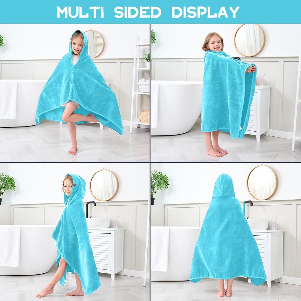 Hiturbo Kids Hooded Bath Towel: 100% Cotton Soft Thick Absorbent Towels Wrap - 50"x30" Shower Beach Pool Wearable Blanket for 3-12 Yrs Boys Girls - Blue
