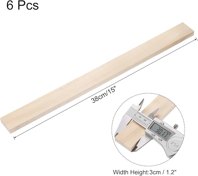 MECCANIXITY 6pcs Wood Sticks, 3/8"x 1.2" x 15" Rectangle Wooden Cube Wood