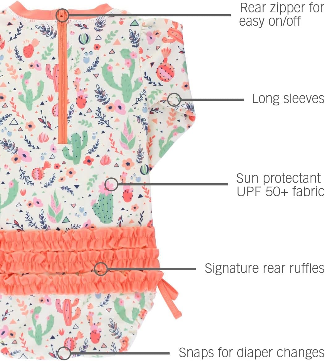 RuffleButts Baby Girls UPF 50+ Sun Protection Novelty Print Long Sleeve One Piece Rash Guard Swimsuit with Zipper