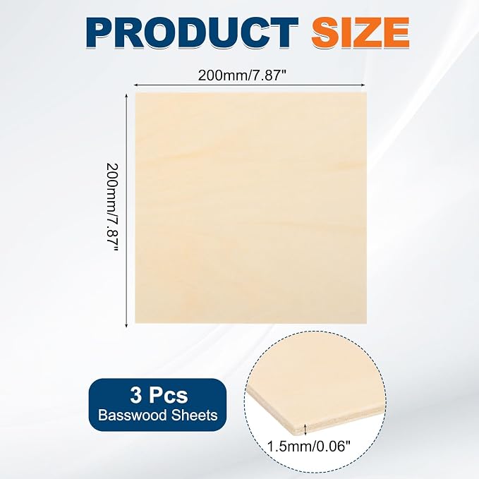 MECCANIXITY 3pcs Basswood Sheets 8 x 8 x 1/16 Inch Unfinished Wood Boards