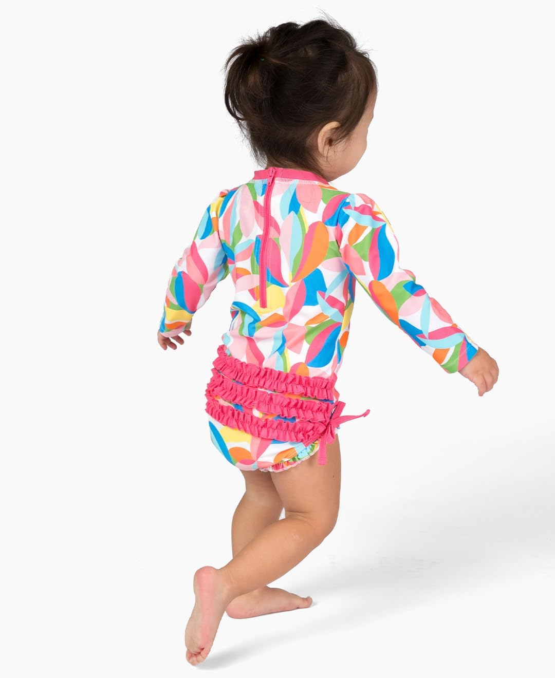 RuffleButts Baby Girls UPF 50+ Sun Protection Novelty Print Long Sleeve One Piece Rash Guard Swimsuit with Zipper