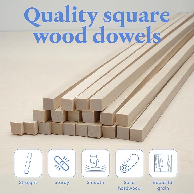 DIY Wooden Square Dowel Rod 1/4-inch x 18 Pack of 25 Hobby Wood Sticks
