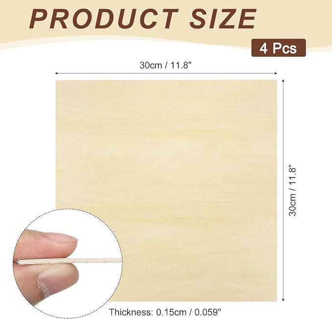 MECCANIXITY 4pcs Basswood Sheet 12" x 12" x 1/16" Thin Unfinished Wood Plywood
