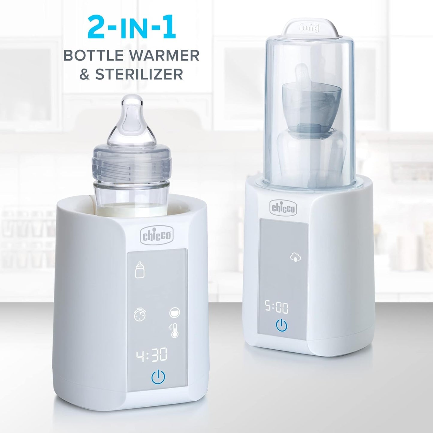 Chicco Digital Bottle Warmer & Sterilizer for Baby Bottles, Baby Food Jars, and Milk Bags | Eliminates 99.9% of Germs | 4 Heating Options | Digital Touchscreen| Automatic Shut-Off & Sound Alert
