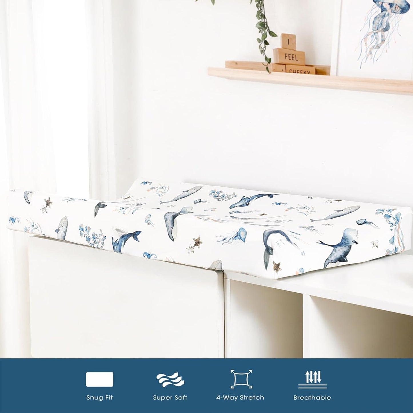 GRSSDER Stretch Ultra Soft Jersey Knit Changing Pad Cover Set 2 Pack, Change Table Pad Covers Fit 32"/34" x 16" Pads Safe and Snug, Sea Fish Print for Girls and Boys