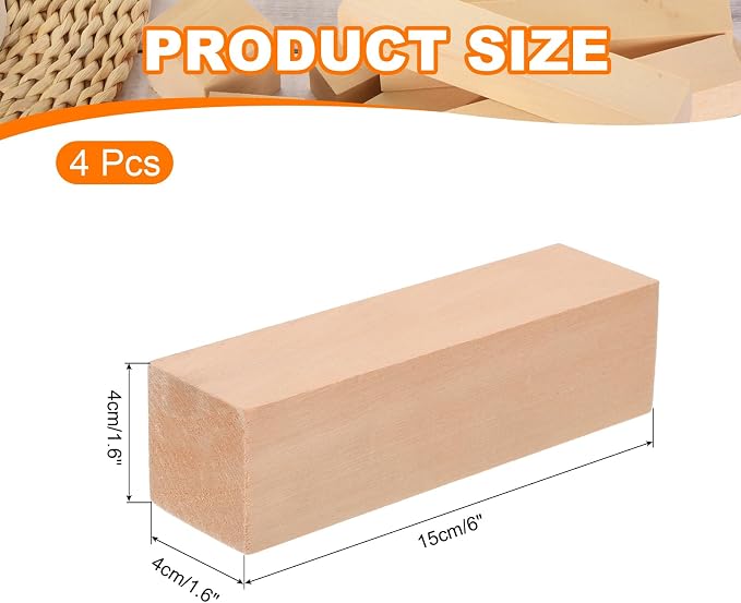 MECCANIXITY 4Pcs Basswood Carving Block, 1.6"x1.6"x6" Square Wooden Dowels