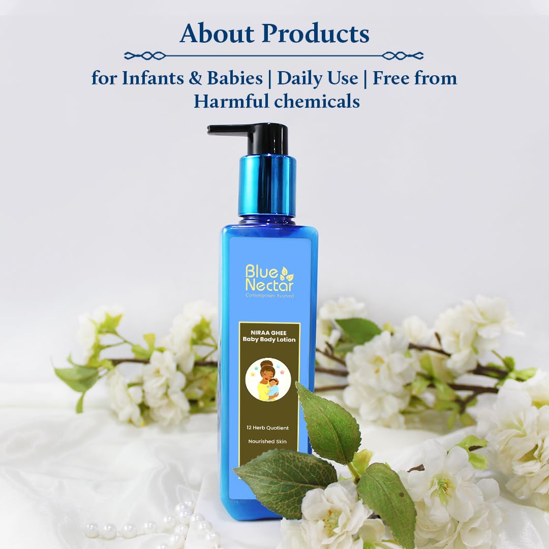 Blue Nectar Baby Lotion with Nourishing Organic Ghee, Body Butters and Ayurvedic Baby Oils Baby skincare | Infant Body lotion | Gentle moisturizer for Kids (12 Herbs,6.76 FlOz)