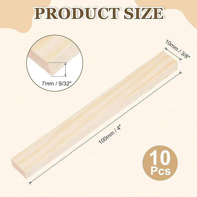 MECCANIXITY 10Pcs Wood Strips Slats, 9/32" x 3/8" x 4" Thin Wood Sticks Flat
