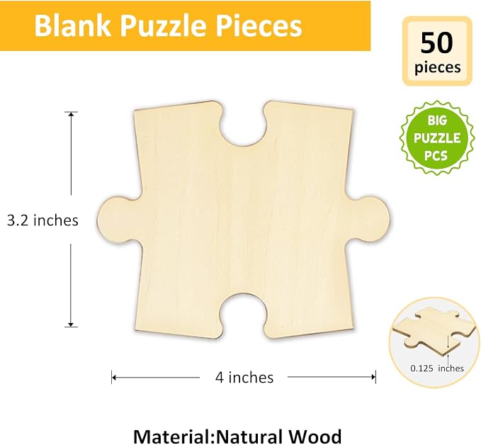 50 Piece Blank Wooden Puzzle Jumbo Size, Each Piece 4x3.2 Inches | Wooden Blank