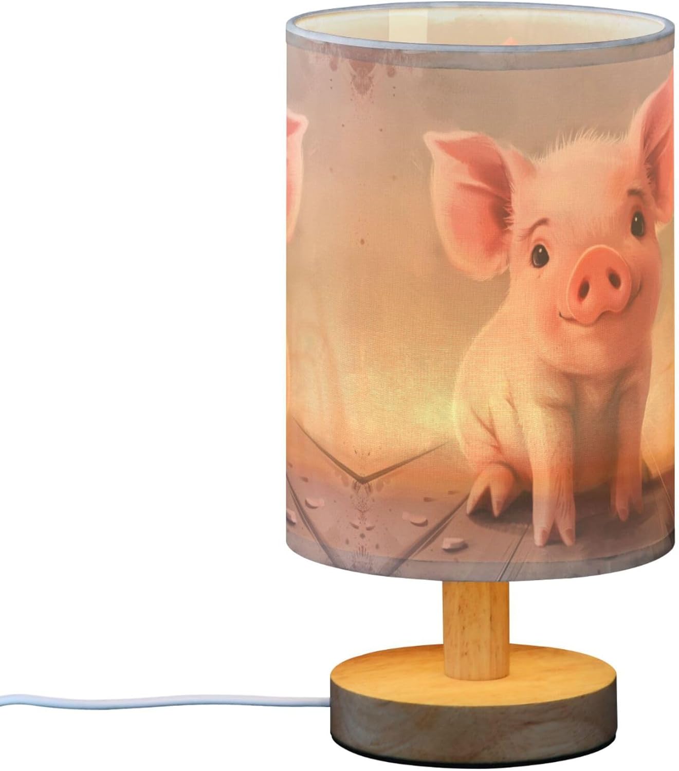 Table Lamp Cute Pink Pig Farm Animal Nightstand Lamp with Wood Base Fabric Lamp Shade Bedside Desk Lamp for Living Room Bedroom Kids Room Office