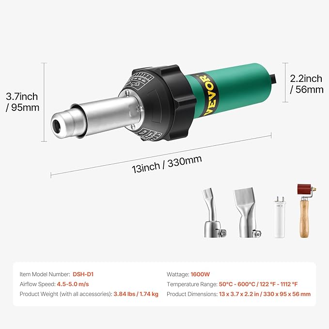 VEVOR Hot Air Plastic Welder, 1600W Hot Air Torch Pistol, 122-1112℉ PVC TPO Vinyl Heat Gun Welding Torch, Plastic Welding Roofing Kit with 4 Accessories - 2 Nozzles & 1 Seam Roller for PP/PE/PVC Sheet