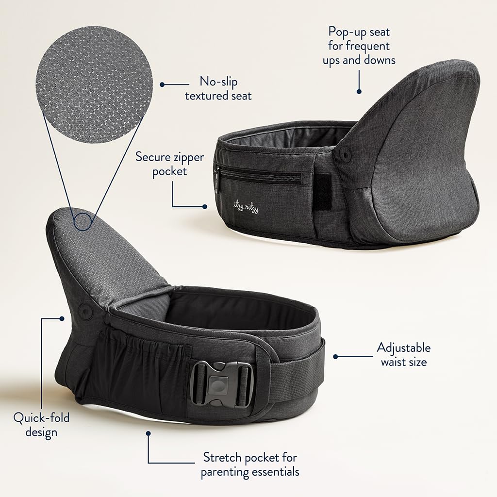 Itzy Ritzy Hip Seat Baby Carrier - 3 Ways to Hold & Support Babies and Toddlers Between 12-44 Pounds; Fits Up to 62" Waist (Black)