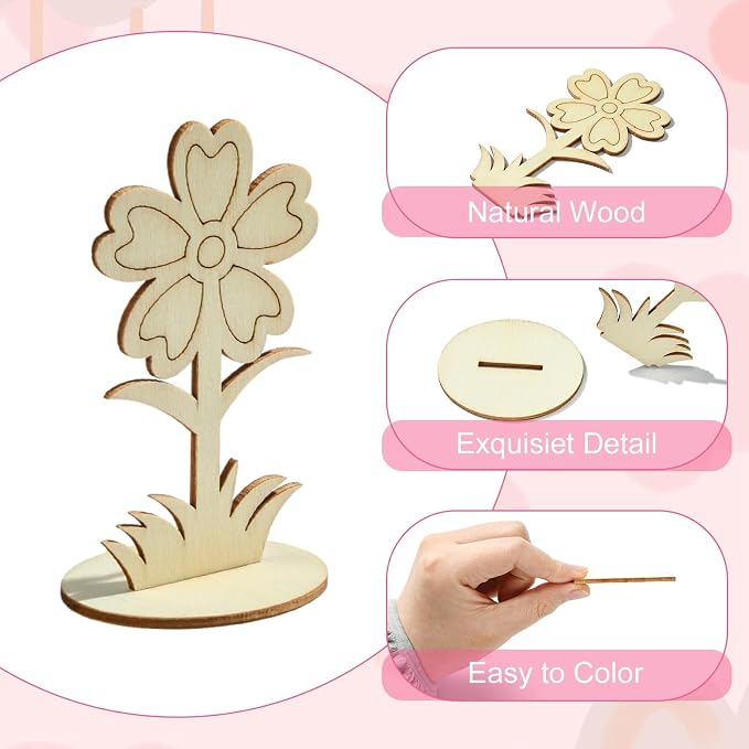 30 pcs 6 Styles Spring Flower Theme Unfinished Wooden Cutout Charms Cute Floral