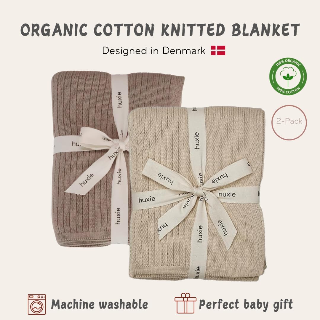 Knitted Organic Cotton Baby Blanket- Swaddle Blanket, 30" x 40" Soft Receiving Blanket for Newborn 2-Pack (Fog/Mochachino)