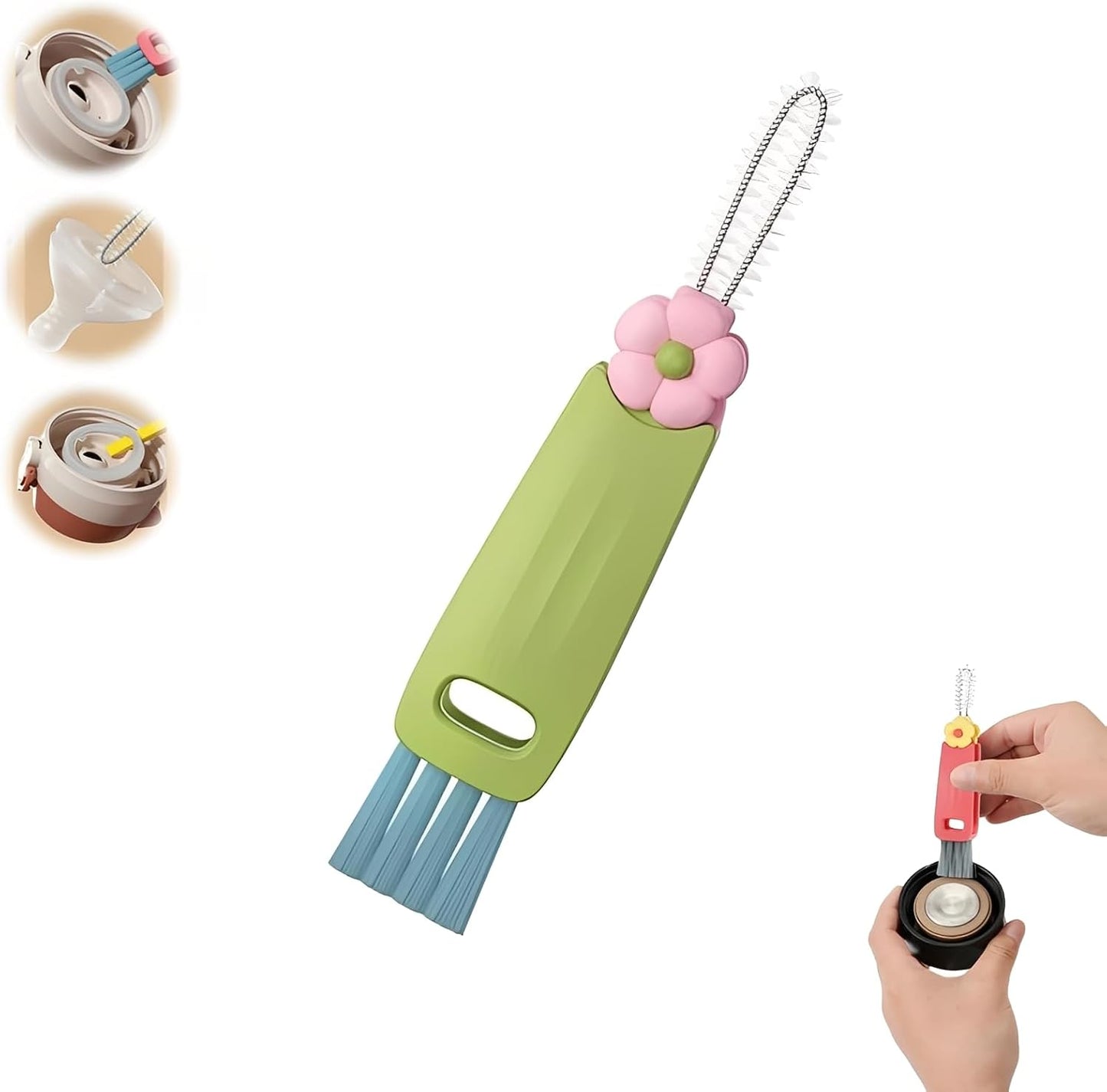3 in 1 Cup Lid Cleaning Brush, 2025 Upgraded Multifunctional Insulation Bottle Cleaning Tools, Portable Crevice Cleaning Brush Set for Baby Bottle Gap Tight Spaces (#1 Green)