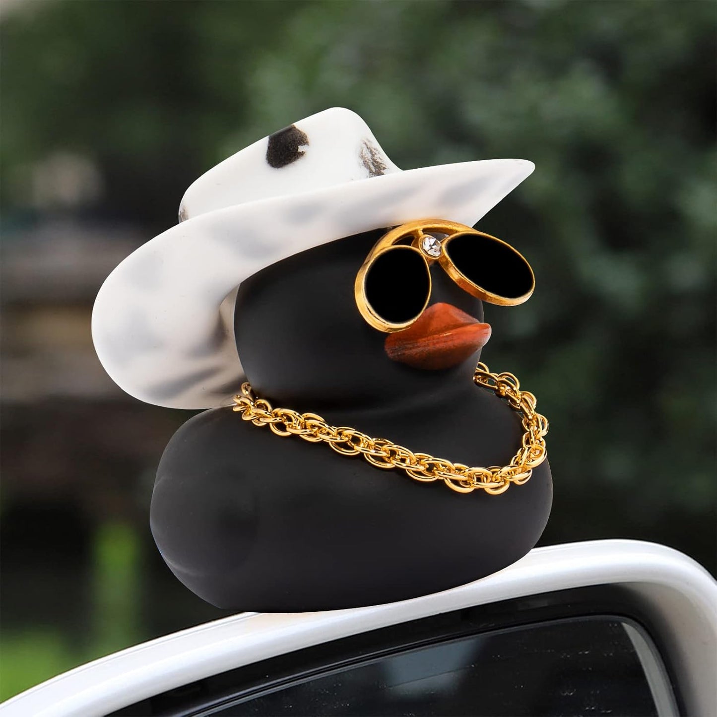 wonuu 2Pcs Car Dashboard Decorations Color Ducks, Rubber Duck for Car Ornament Accessories with Mini Hat Sunglasses Necklace and Swim Ring, A_Black&Brown Duck+Black Spots Cowboy&Brown Cowboy