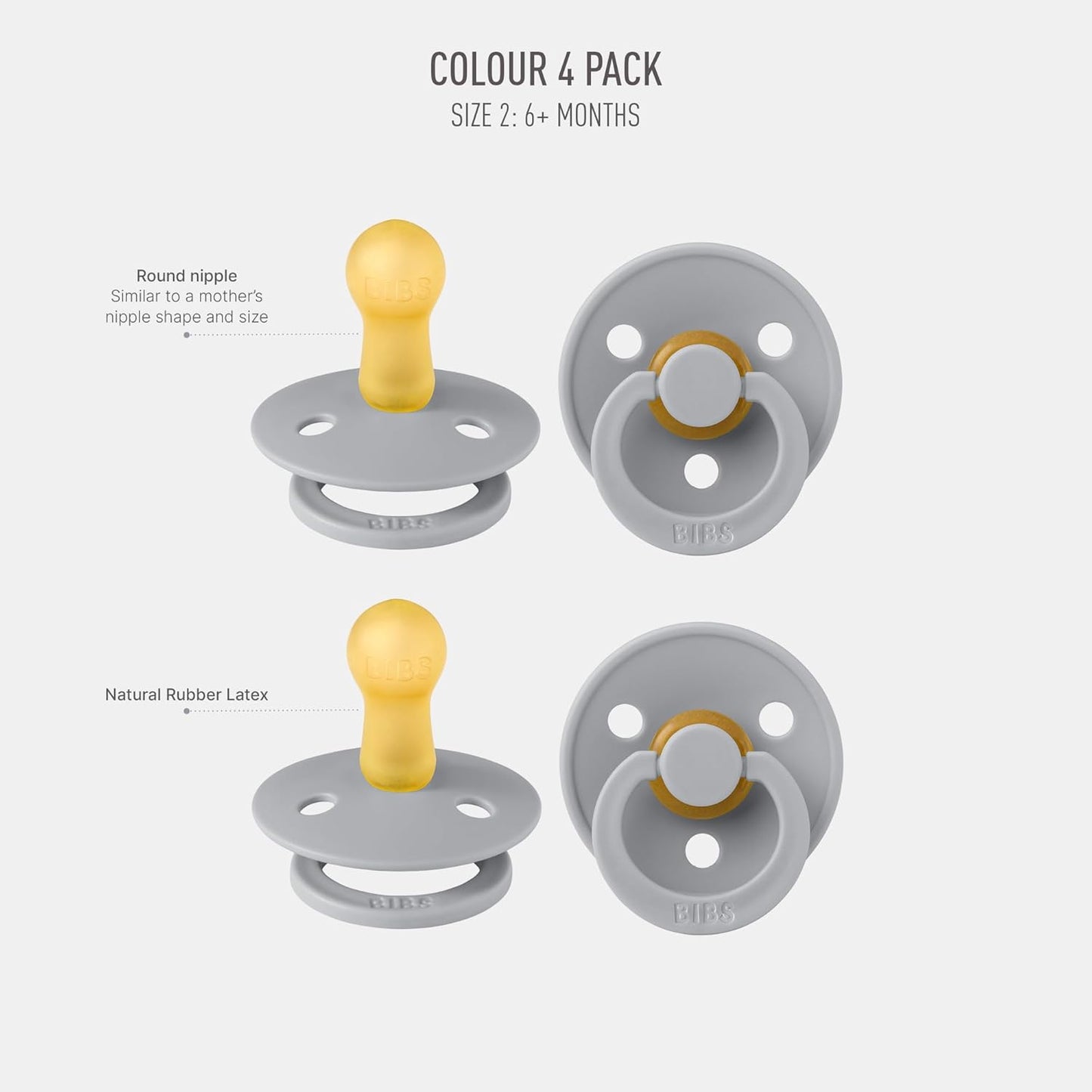 BIBS Pacifiers - Colour 4-Pack | BPA Free Baby Pacifier | Round Nipple Binkies | Natural Rubber Latex Soother | Made in Denmark | Size 6-18 Months | Cloud