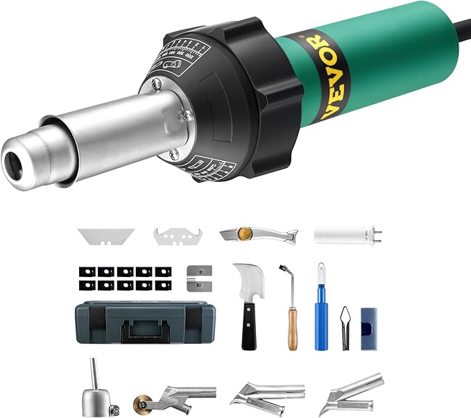 VEVOR Hot Air Plastic Welder, 1600W Hot Air Torch Pistol, 122-1112℉ PVC TPO Vinyl Heat Gun Welding Torch, Plastic Roofing Welding Kit with 14 Accessories- Toolbox, Nozzle, Roller, Blades for PP/PE/PVC