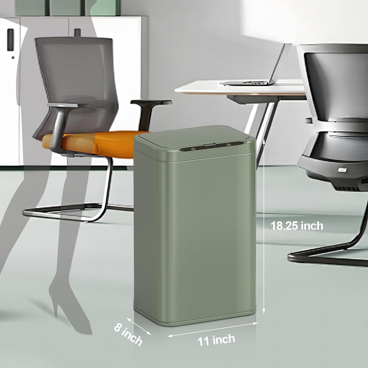ELPHECO Stainless Steel Office Trash Can Motion Sensor Garbage Can Touchless Smart Trash Can Automatic Waste Bin for Kitchen, Office, Bathroom (Avocado Green, 6.6 Gallons), 2AA
