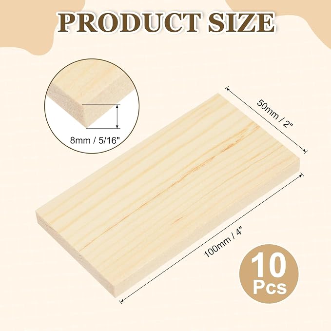MECCANIXITY 10Pcs Wood Strips Slats, 5/16" x 2" x 4" Thin Wood Sticks Flat