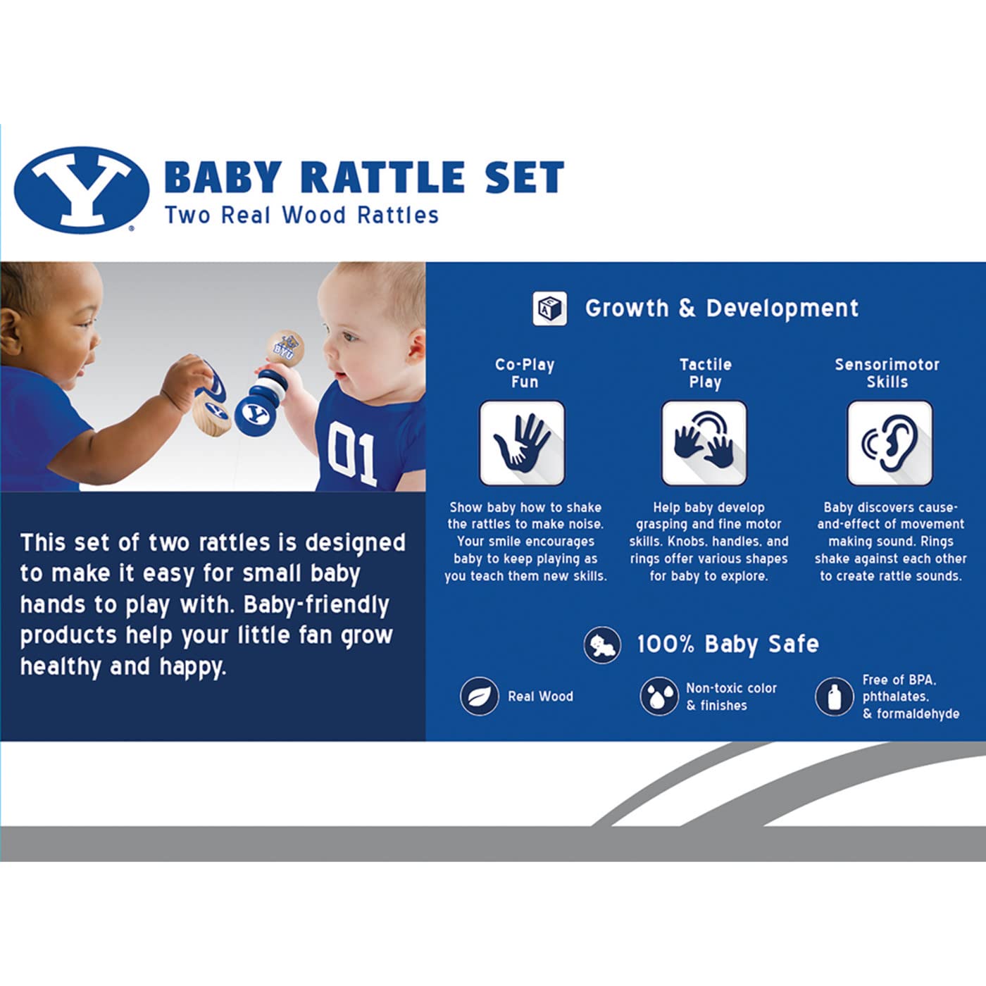 Baby Fanatic NCAA BYU Cougars Wood Rattle 2 Pack - Officially Licensed Baby Toy Set - Multicolor - Safe BPA Free - A & M Baby Toys - Ages 3 Months+