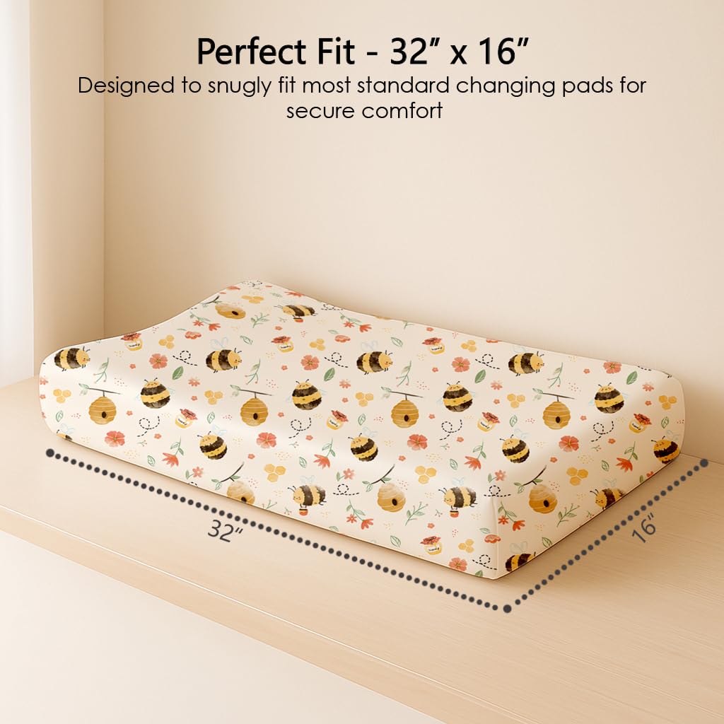 Changing Pad Cover for Baby Boys Girls 2 Pack, Fits Standard 32”×16” Changing Table Pads, Silky Breathable Stretch Knit, Machine Washable (Honeybee Dreams)