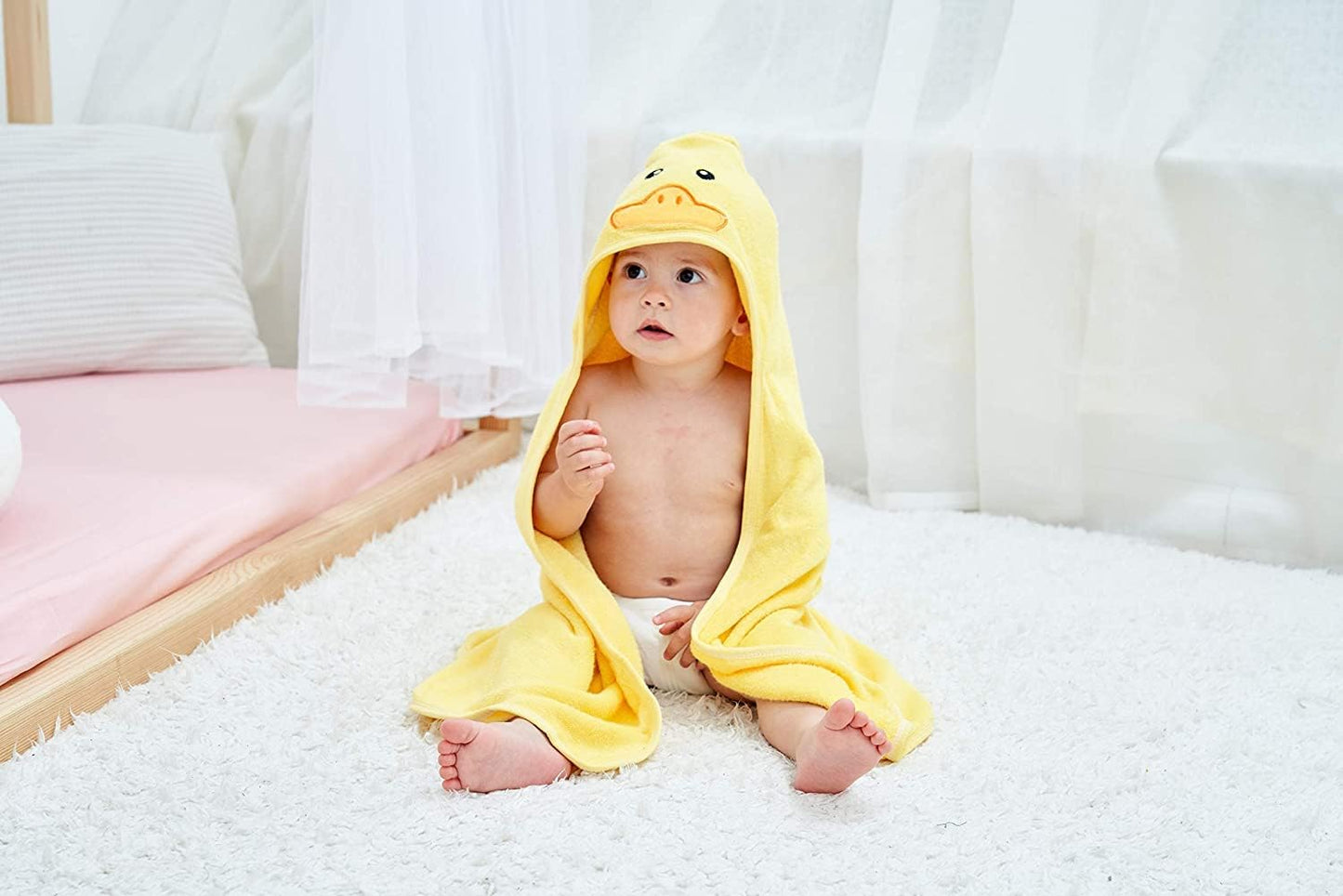 HIPHOP PANDA Hooded Towel - Rayon Made from Bamboo, Bath Towel with Bear Ears for Newborn, Babie, Toddler, Infant - Absorbent Large Baby Towel - Yellow Duck, 30 x 40 Inch