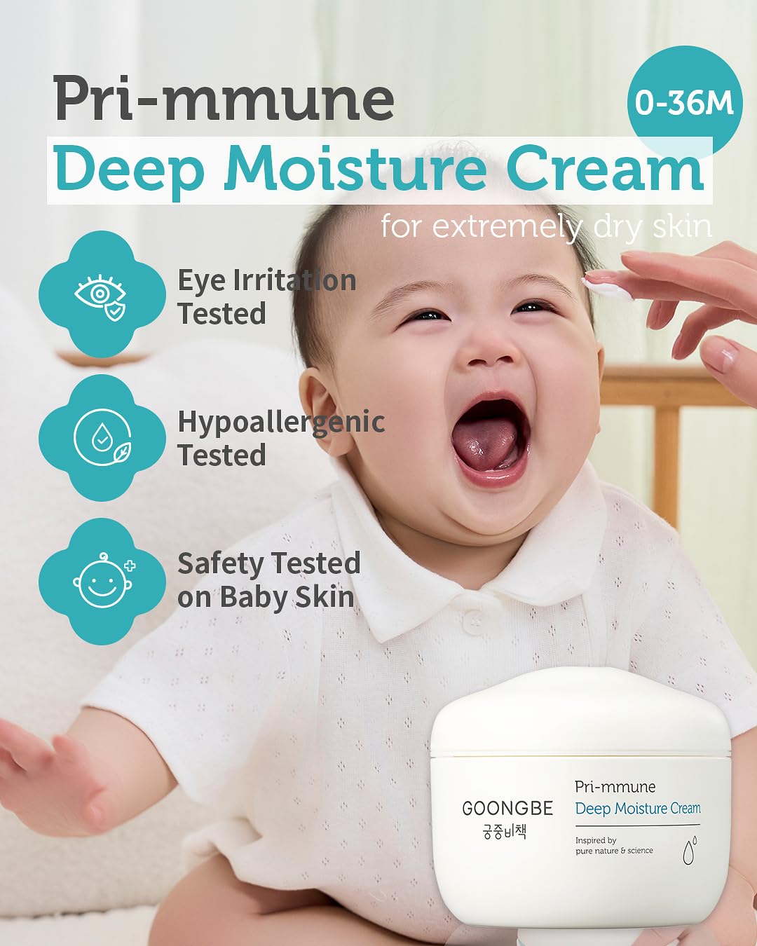 GOONGBE Pri-mmune Deep Moisture Cream - Korean Baby Moisturizer with Ceramide & Amino Acid - Skin Protectant 72hrs Moisturizing Cream for Face and Body - For Chafed & Sensitive Skin - 3.38oz.