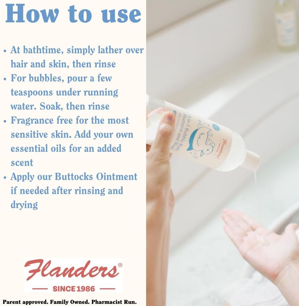 Flanders Bubble Bath - Shampoo & Wash 3-in-1, Pharmacist Developed, Plant Based, Unscented, Clean Ingredients, Calming & Fun for Sensitive Skin, All Ages (2 Pack of 15oz Bottles)