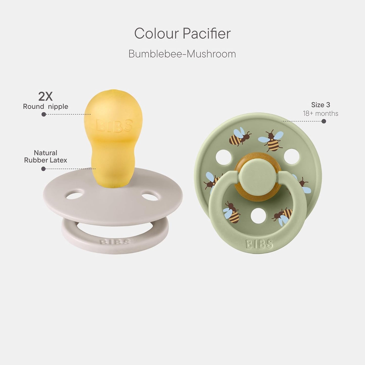 BIBS Studio Soother 2-Pack, BPA Free Dummy Pacifier, Round Nipple. Natural Rubber Latex, Made in Denmark, Size 3 (18+ Months), Mushroom/Sage