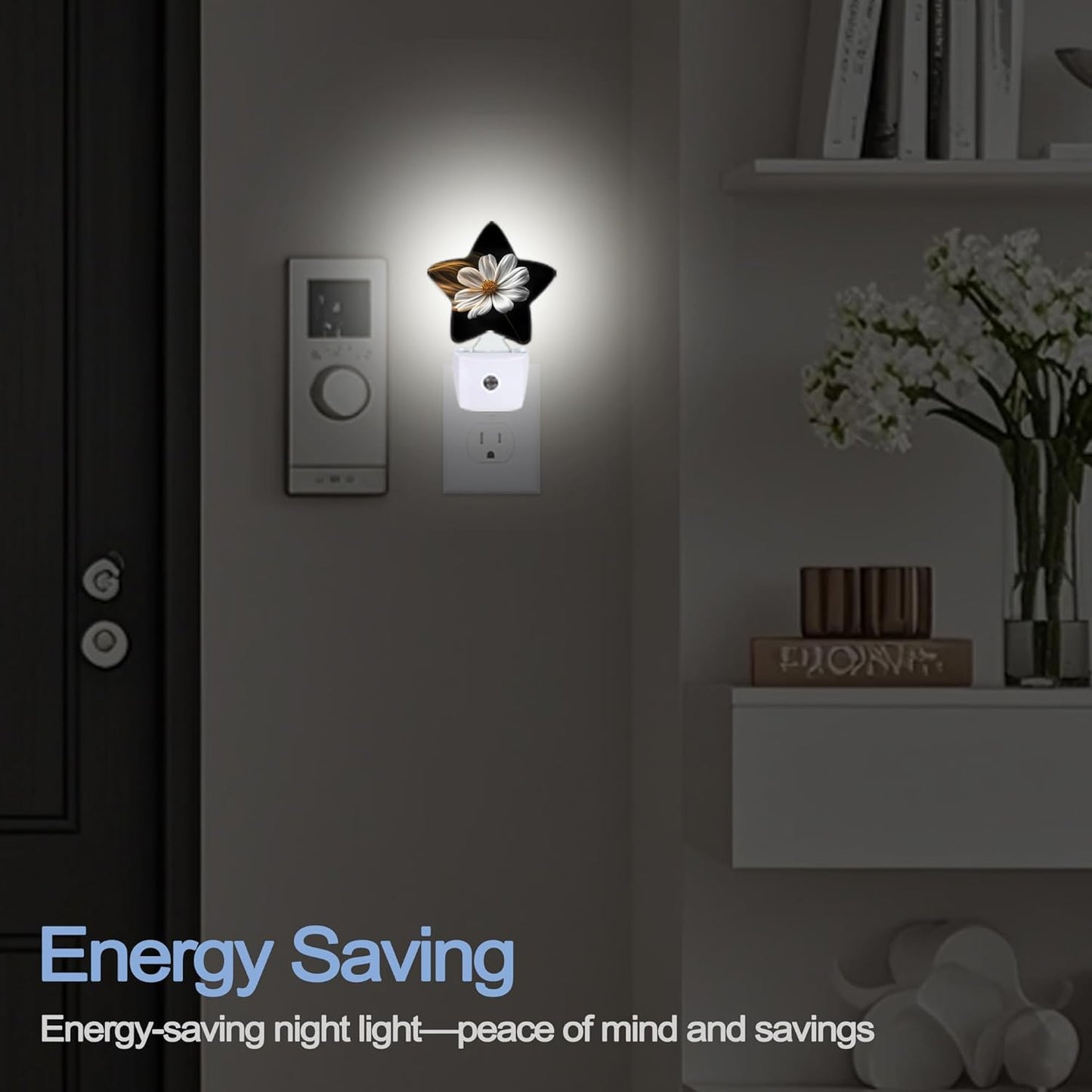 White Daisy Flower Dusk to Dawn Star Night Light,Abstract Floral Smart Sensor Nightlight for Bedroom Kitchen Hallway Stairs,Plug-in Energy Efficient Decor Desk Lamp Women Men Gifts