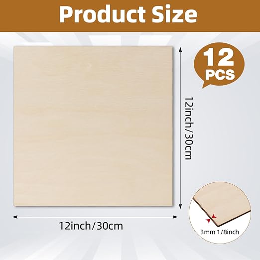 3 mm Birch Plywood 1/8 x 12 x 12 Inch, 6 Packs Craft Wood, Stronger Than
