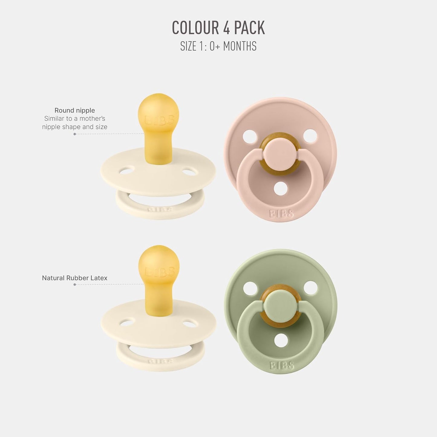 BIBS Colour Soother 4-Pack | BPA Free Dummy Pacifier | Round Nipple | Natural Rubber Latex | Made in Denmark | Size 0-6 Months | Ivory Mix