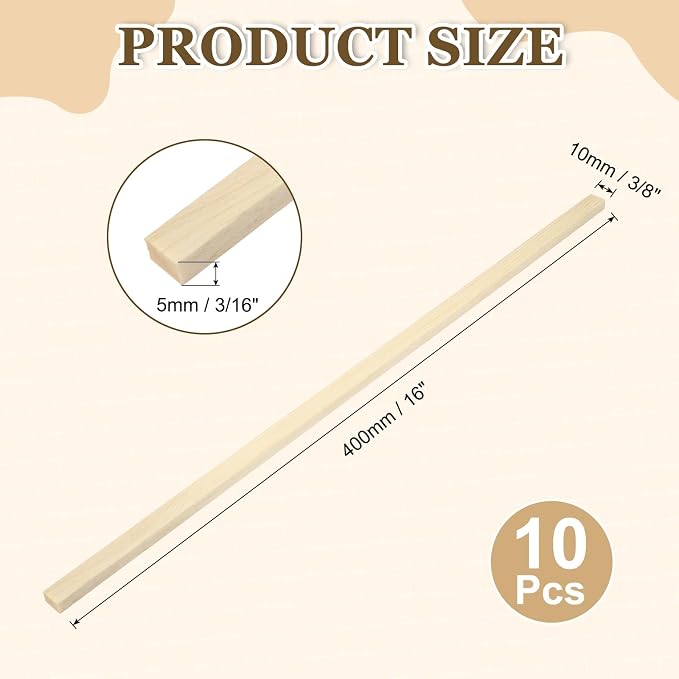 MECCANIXITY 10Pcs Wood Strips Slats, 3/16" x 3/8" x 16" Thin Wood Sticks Flat