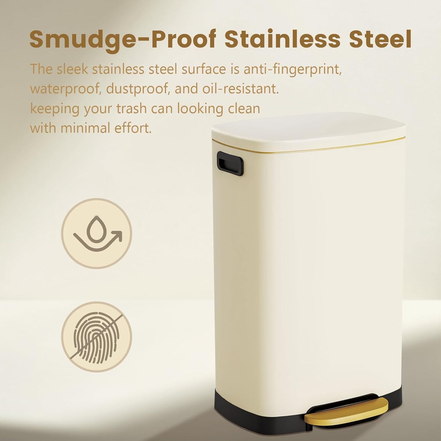 ELPHECO Kitchen Trash Can with Lid Soft Close, 13 Gallon / 50L Stainless Steel Pedal Garbage Can, Heavy-Duty Fingerprint Proof Step Wastebasket with 20 Bags, Removable Bucket, Home Office, Cream Beige