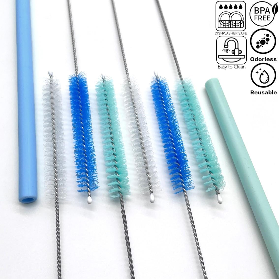 Straw Cleaner Brush Straw Brush for 40 oz Stanley Straw Cleaner Brush Extra Long 12 inch, Nylon Stainless Steel Small Cleaning Brush—Blue&Cyan Series