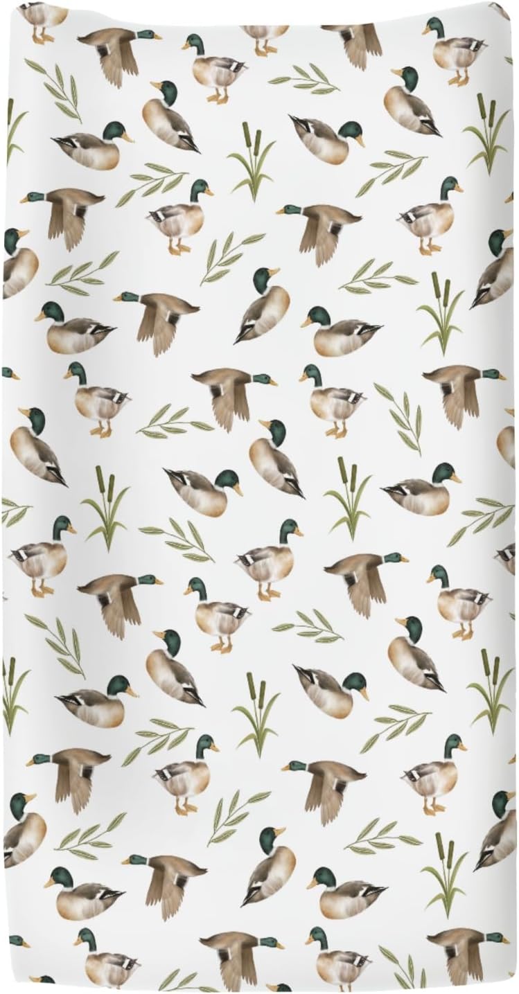 Mallard Duck Hunting Changing Pad Covers for Baby Girl Boy Wild Ducks Leaves Fitted Change Table Cover Mats Hunting Animals Soft Diaper Changing Table Sheets 32''×16''