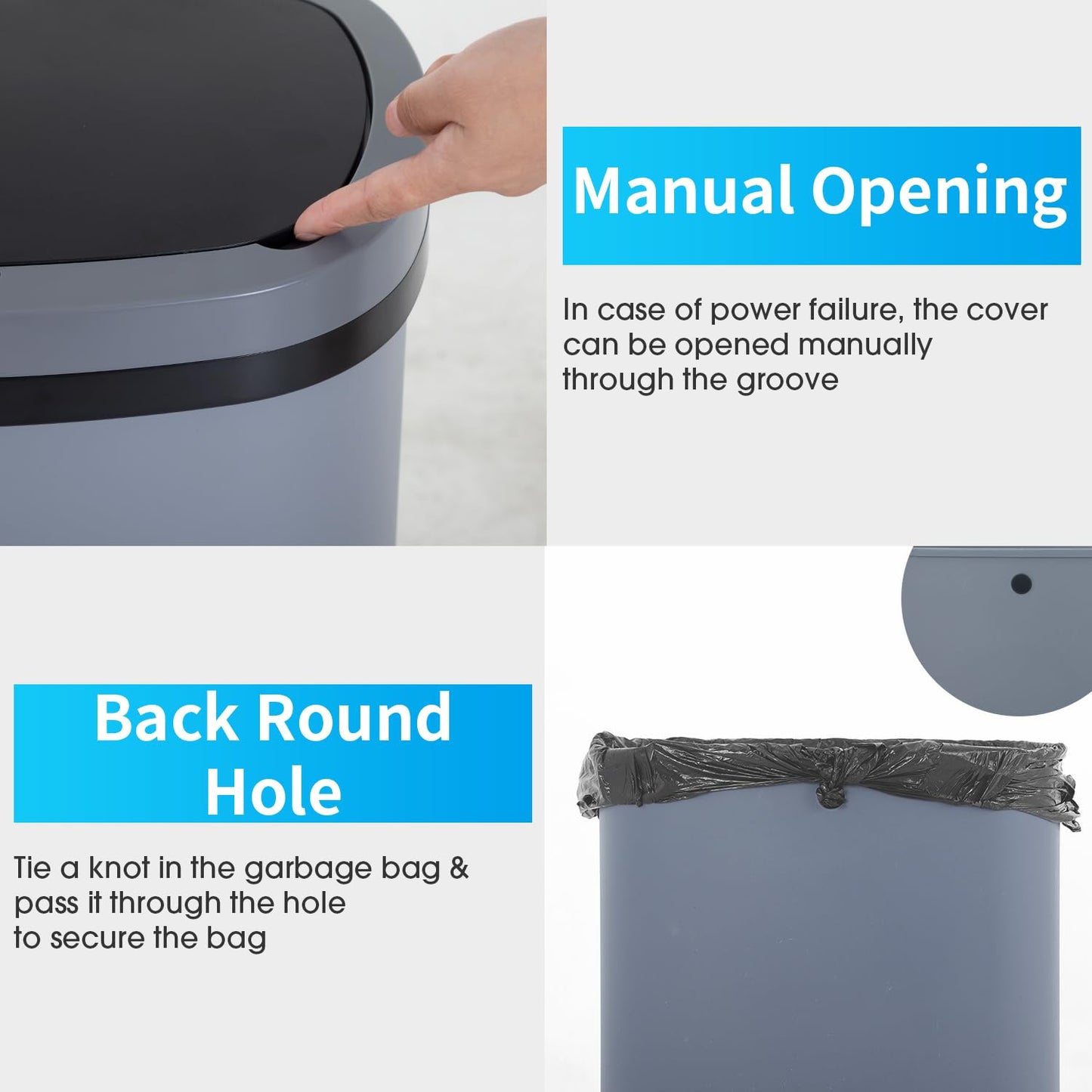 BestOffice | 13 Gallon Plastic Trash Can with Lid | Gray | Automatic Touchless Garbage Can | Odor Control | Modern Oval Design | Easy to Clean | Fits Any Kitchen, Bathroom, Office or Home
